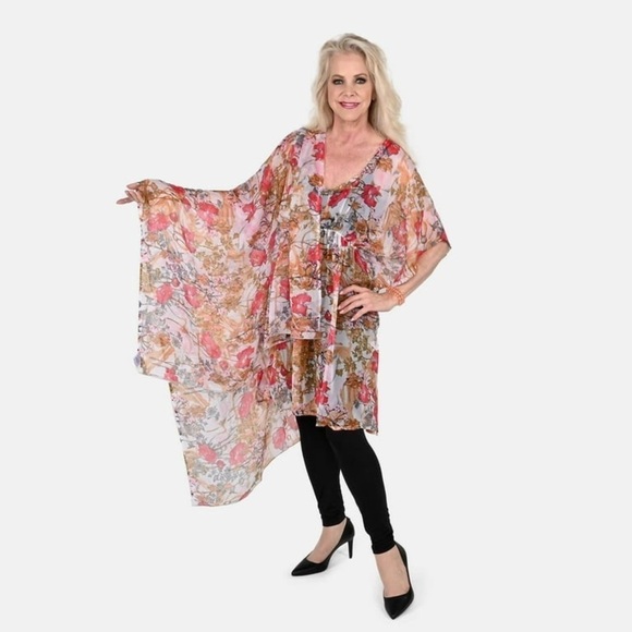 TAMSY Cream Color Flower Print Poly Chiffon Kaftan Women’s Beach Summer Boho O/s - Picture 1 of 9
